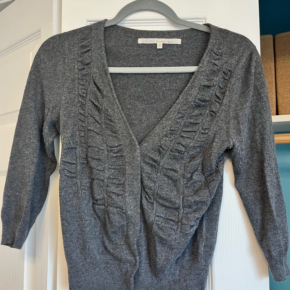 RACHEL Rachel Roy Charcoal V-Neck Sweater with Ruffles